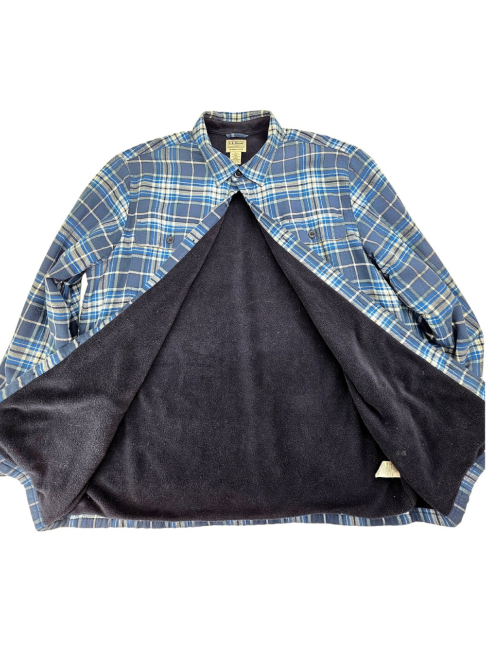 L.L.Bean Fleece Lined Flannel Shirt Jacket Mens L Blue Plaid Workwear - Picture 3 of 12
